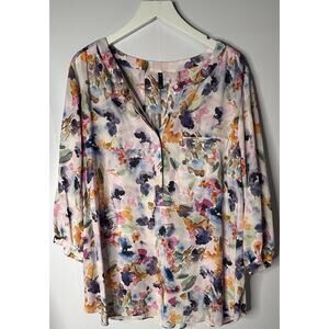 NYDJ Popover Womens Top Sz 2X Watercolor Pastel 3/4 Sleeve Chiffon Flowy Floral